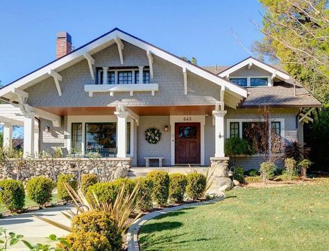 To get you inspired to spruce up your home's curb appeal, here's an epic roundup of gorgeous exteriors organized by style.       #Inspiration, #curb-appeal, #design, #front door, #front porch, #DIY, #How-To California Bungalow, Gray House, Craftsman Bungalow, Bungalow Exterior, Craftsman Exterior, Bungalow Homes, Cottages And Bungalows, Craftsman Style Home, Bungalows For Sale