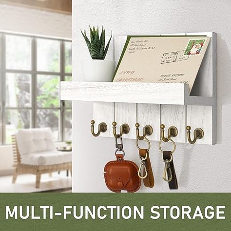 Rebee Vision Key Holder for Wall - Decorative Mail Organizer Wall Mount with 5 Key Hooks for Farmhouse Apartment Essentials - Home Decor for Living Room (Rustic White) Key And Mail Holder, Wall Shelf With Hooks, Farmhouse Apartment, Mail Organizer Wall, Mail And Key Holder, Shelf With Hooks, Key Holder For Wall, Wooden Key Holder, Mail Holder