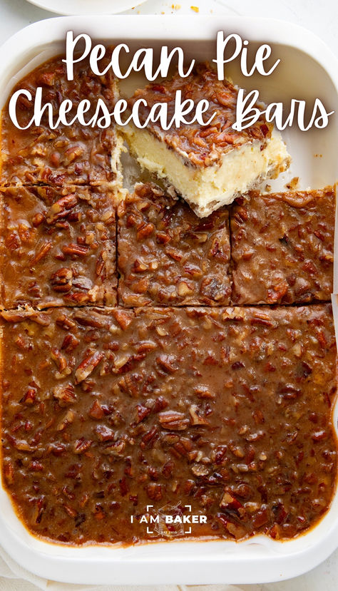 Pecan Pie Cheesecake Bars feature a toasted pecan crust topped with a smooth, velvety cream cheese filling and a sweet, nutty pecan caramel topping. It’s a delightful combination of rich, creamy cheesecake and pecan pie in an indulgent dessert bar! Pecan Cream Cheese Bars, What To Do With Pecans, Pecan Pie Cheesecake Recipe No Bake, Carmel Poundcake, Pecan Cream Cheese Rolls, Sheet Cheesecake, Desserts With Pecans, Pecan Cake Recipes, Pecan Goodies