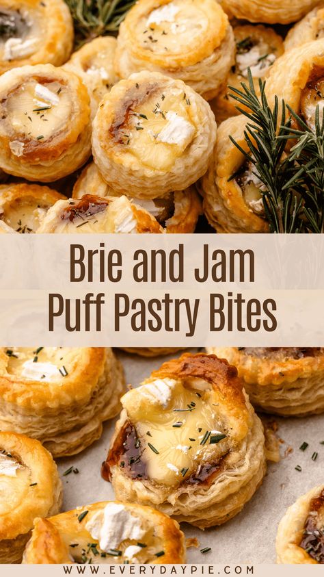 Flaky, creamy, and sweet, these Brie and Jam Puff Pastry Bites are the perfect holiday or party appetizer! Baked Brie Puff Pastry Recipes, Mini Brie Bites Recipes, Gouda Puff Pastry, Brie Pinwheels Puff Pastries, Apricot Brie Bites, Brie Bites With Puff Pastry, Mini Brie Puff Pastry Bites, Brie Onion Puff Pastry, Puff Pastry Tarts With Brie & Prosciutto