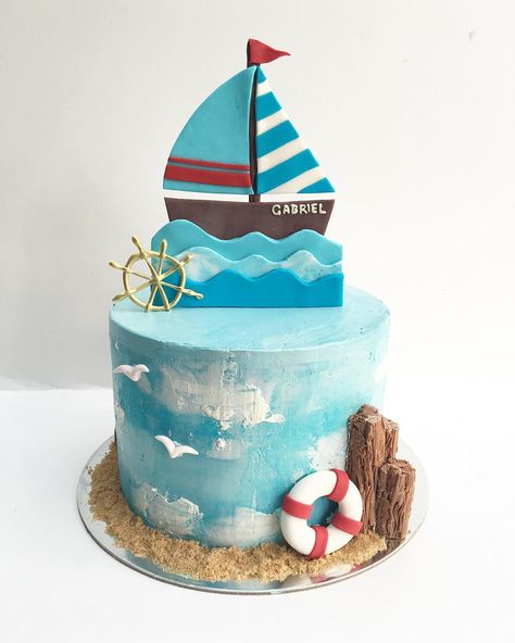 Amy | CUSTOM CAKES on Instagram: “Nautical themed cake for baby Gabriel! See you soon…” Nautical Birthday Cakes, Sailor Cake, Sailboat Cake, Boat Cake, Cake For Baby, Cookies Cupcake, Ocean Cakes, Nautical Cake, Baby First Birthday Cake