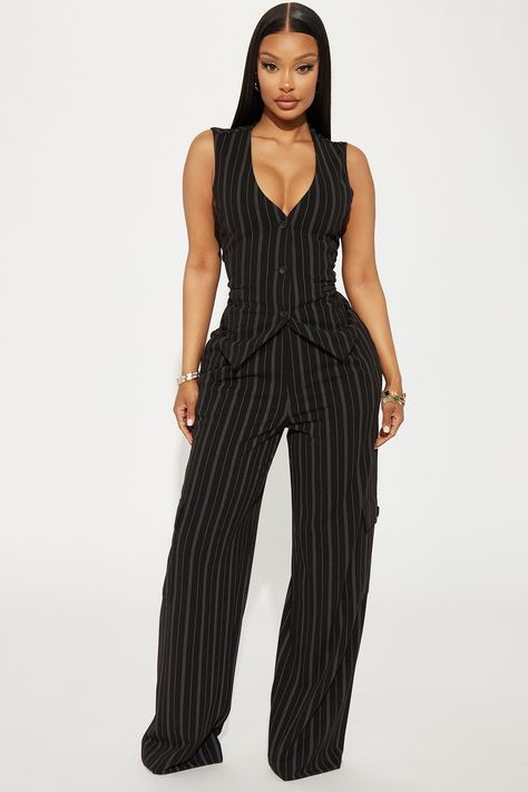 Heidy Pinstripe Vest Pant Set - Black Fashion Nova Suits, Black Pantsuit Women, Pants And Vest Outfit, Women Suit Outfits, Cute Work Outfit, Pinstripe Vest, Female Suit, Sheer Clothing, Blouse Skirt