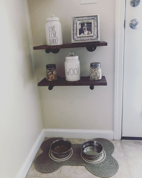 Pinterest Farmhouse Dog Area, Dog Spot In Bedroom, Dog Bowl Corner, Dog Treat Shelf, Where To Put Dog Bowls In House, Dog Bowl Area In Kitchen, Diy Dog Decor Crafts, Dog Shelf Decor, Shelves For Dog Stuff