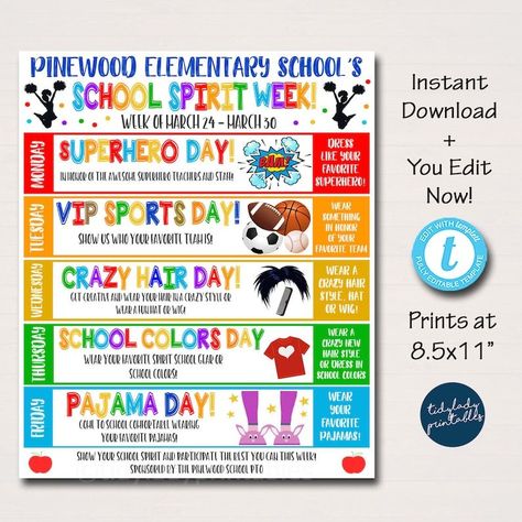 Pin on Social committee Back To School Spirit Week Ideas, Spirit Week Ideas Elementary, Kindness Spirit Week, Dress Up Days For School Spirit Weeks, School Spirit Week Ideas, Bookfair Themes, Week Calendar Template, Spirit Week Ideas, Spirit Weeks