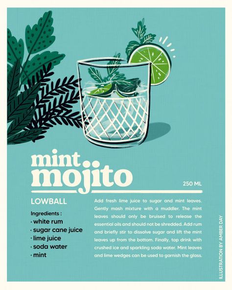 Amber Day - Fashion & Lifestyle Illustrator, Los Angeles Culinary Illustration, Cookbook Cover Design, Amber Day, Chanel Perfume Bottle, Creating A World, Therapy Website, Top Drinks, Cocktail Illustration, Mint Mojito