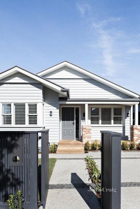 White Weatherboard House, Weatherboard House, Black Fence, California Bungalow, House Shutters, Bungalow Exterior, House Viewing, 4 Bedroom House, Renovation Ideas