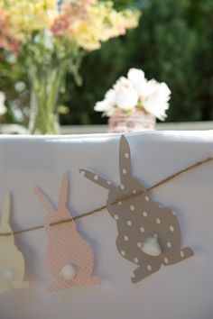 Love this bunny rabbit banner / garland! Vintage Bunny themed baby shower via Kara's Party Ideas KarasPartyIdeas.com Diy Slinger, Easter Baby Shower, Bunny Birthday Party, Peter Rabbit Birthday, Peter Rabbit Party, Bunny Baby Shower, Banner Garland, Bunny Party, Spring Baby Shower