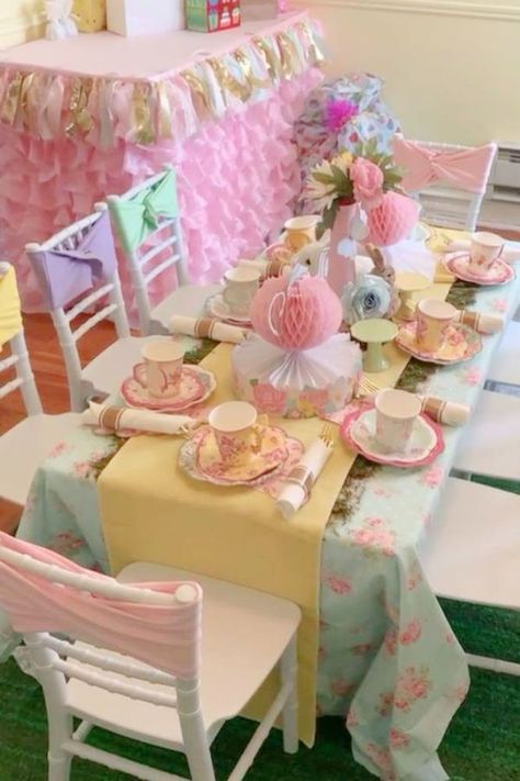 Take a look at this pretty floral tea party birthday! The table settings are beautiful! See more party ideas and share yours at CatchMyParty.com Tea For Two Birthday Party Ideas Table Settings, Te Party Birthday, Tea Party Decorations Kids, Four Year Old Tea Party Birthday, Tea Time Party Ideas, Baby Doll Tea Party Birthday, Pink And Blue Tea Party, Tea Party Balloon Decorations, Time Four Tea Birthday Party