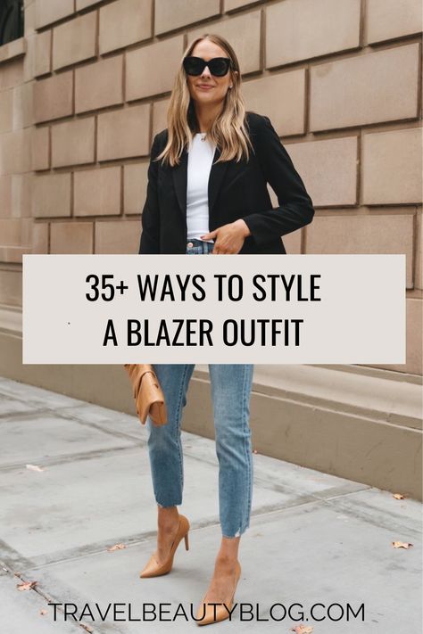 Jeans And Blazer Outfit Classy Business, Jeans And Blazer Outfit Classy Chic, Womens Navy Blazer Outfit, Women’s Blazer Outfit Work, Dinner Blazer Outfit, Black Blazer Outfits For Women Summer, Suit Jacket And Jeans Women, Women’s Blazer And Jeans, Blazers With Jeans Womens