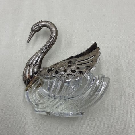 Antique Metal and Glass Swan Salt Cellar Orishas Yoruba, Swan Jewelry, Salt Cellars, Silver Swan, Salt Cellar, Silver Wings, Antique Metal, Lead Crystal, Vintage Crystal