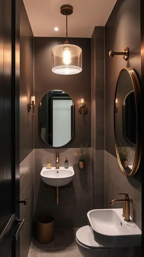 5 Bright Ideas for Small Dark Bathrooms Lighting For Dark Bathroom, Small Bathroom Dark Walls, Dark Small Bathroom, Small Dark Bathroom Ideas, Small Dark Bathroom, Bathroom Design Board, Dark Bathroom Ideas, Dark Bathroom, Small Toilet Room