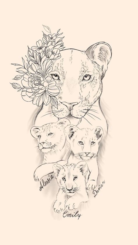 Sketches For Tattoos, Lioness And Cub Tattoo, Lion Cub Tattoo, Sacred Geometry Tattoos, Tattoos Owl, Tattoos Feather, Lioness Tattoo Design, Tattoos Lion, Tattoos Dotwork