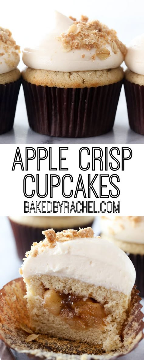 Moist and fluffy homemade spiced apple crisp cupcakes with fresh apple pie filling, caramel cream cheese frosting and crunchy cinnamon oatmeal crisp topping recipe from @bakedbyrachel Fresh Apple Pie, Apple Spice Cupcakes, Caramel Cream Cheese Frosting, Oatmeal Cupcakes, Cupcakes With Caramel, Apple Crisp Pie, Recipes Cupcakes, Apple Crisp Cheesecake, Apple Pie Cupcakes