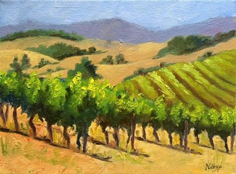 Winery Painting, Vineyard Watercolor Painting, Vineyard Paintings Acrylics, Vineyard Painting, Vineyard Drawing Grape Vines, Vineyard Paintings Landscapes, Grape Vineyard Painting, Vineyard Artwork, Oil Pastel Techniques