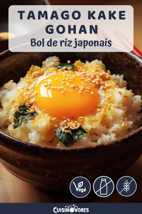 Transportez-vous au Japon avec ce Tamago Kake Gohan, un bol de riz chaud garni d'œuf cru et d'assaisonnements savoureux. Il se mange traditionnellement au petit-déjeuner mais il est aussi très réconfortant en plat ! 🍚 Rendez-vous sur le site de Cuisinovores pour découvrir la recette ! #recette #cuisine #sansgluten #sanslactose #vegetarien #riz #recettejaponaise #asie #tamagokake Tamago Kake Gohan, Sports Food, Bento Recipes, No Salt Recipes, Batch Cooking, Korean Food, Nutrition Recipes, Sans Gluten, Japanese Food