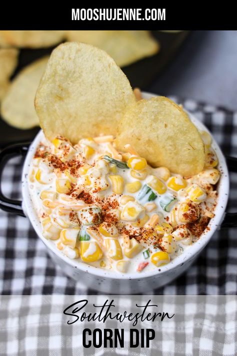 Southwestern corn dip in a black bowl on a gray plaid napkin on a concrete backdrop Sour Cream Corn, Southwestern Corn, Sour Cream Dip Recipes, Football Shaped Foods, Corn Dip Recipes, Cream Corn, Sour Cream Dip, Corn Dip, Football Party Food