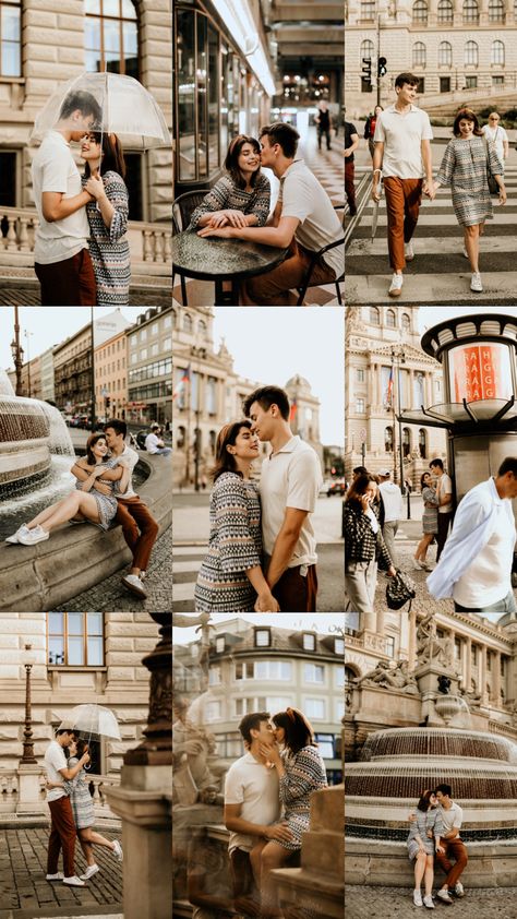 Couple Posing Outdoor, Autumn Pre Wedding Photoshoot, Couple In City Photography, Autumn Prewedding Photoshoot, Love Story Photoshoot Ideas, Autumn City Photoshoot, Autumn Couple Photoshoot Outfits, Prague Couple Photos, Couple Autumn Outfit