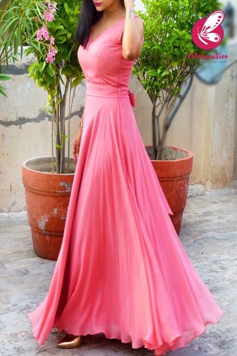 Pink Double Flair Padded Long Dress - Women Pink Dresses Online | Colorauction Pakistani Long Dresses, Pink Dresses Online, Mehndi Outfits, Frocks And Gowns, Designer Anarkali Dresses, Gown Party Wear, Long Gown Design, Simple Gowns, Frock For Women