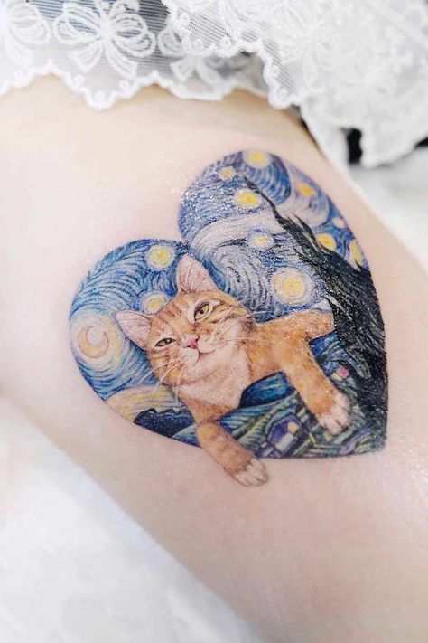 Mesmerizing And Unique Heart Tattoos To Express Yourself ★ Heart Shaped Tattoo with Cat Tattoo With Cat, Unique Heart Tattoos, Watercolor Cat Tattoo, Kitty Tattoo, Cute Cat Tattoo, Feather Tattoo Design, Shape Tattoo, Heart Tattoos, Cat Tattoos