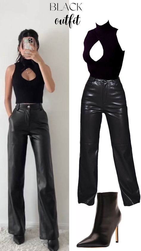 outfit all black with tank top and faux leather pants Leather Pants Boots Outfit, Pants And Boots Outfit, Pants Boots Outfit, Leather Pants Boots, Leather Pants And Boots, Faux Leather Pants Outfit, Outfit For Today, Pants Boots, Leather Pants Outfit