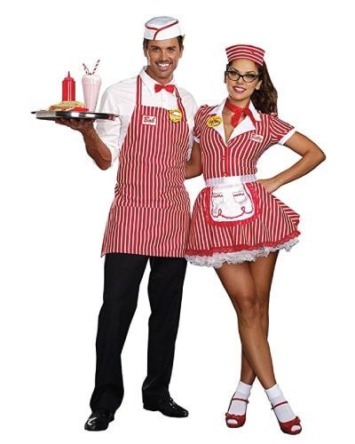 Halloween Couples Costumes - Retro 50’s Diner Waiter and Waitress Waiter Outfit, Waitress Outfit, Waitress Uniform, Best Group Halloween Costumes, Diner Aesthetic, 50s Diner, Vintage Diner, Sock Hop, Couples Costume