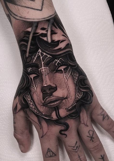 Mythology Hand Tattoo, Hand Mask Tattoo, Dark Hand Tattoos, Anrijs Straume, Angel Sleeve Tattoo, Japanese Hand Tattoos, Herren Hand Tattoos, Full Hand Tattoo, Hannya Mask Tattoo