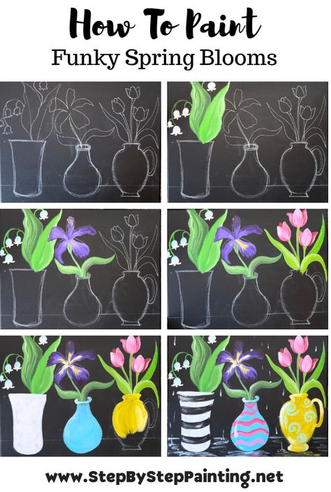 Spring Blooms - Acrylic Painting Tutorial Spring Flower Painting On Canvas, Spring Painting Easy Step By Step, Spring Theme Painting, Easy Spring Canvas Painting, Spring Painting For Kids, Family Painting Ideas, Paint Night Spring Ideas, Diy Canvas Art Easy, Painting Flowers Tutorial