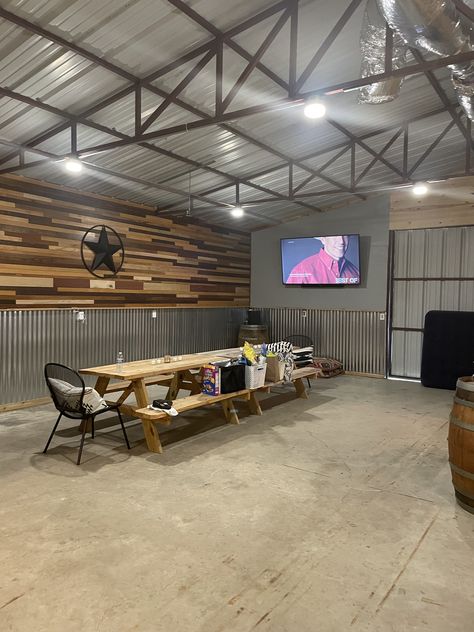 Inside Metal Shop Ideas, Finished Metal Building Interior, Metal Shop Interior Ideas, Shop Hangout Ideas, Metal Building Shop Interior Ideas, Pole Barn Bar, 40x50 Shop, Party Barn Ideas, Pole Barn Lighting