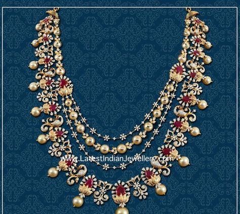 Gold Jewellery Design Necklaces Latest, Diamond Haaram, Layered Diamond Necklace, Latest Indian Jewellery, Indian Wedding Jewelry Sets, Indian Bridal Jewelry Sets, Gold Jewelry Simple Necklace, Beautiful Gold Necklaces, Pearl Necklace Designs