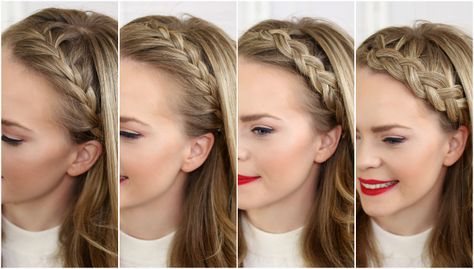 Four Headband Braids is a tutorial that will teach you how to do a French Braid Headband, Lace Braid Headband, Dutch Braid Headband, and Half Dutch Braid Headband. Headbands are all the rage right … Headband Braids, Braiding Your Own Hair, Easy Hairstyles For School, Hairstyle Gallery, Braided Headband, Hairstyles For School, Hair Dos, Pretty Hairstyles, Hair Hacks