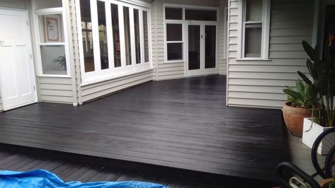 Merbau deck sanded then oiled using Black Japan pigment then finished with Clear Black Japan Stain, Black Painted Deck, Black Stained Deck, Black Deck Stain, Black Decking Ideas, Best Deck Stain, Deck Painting, Deck Stain Colors, Deck Restoration