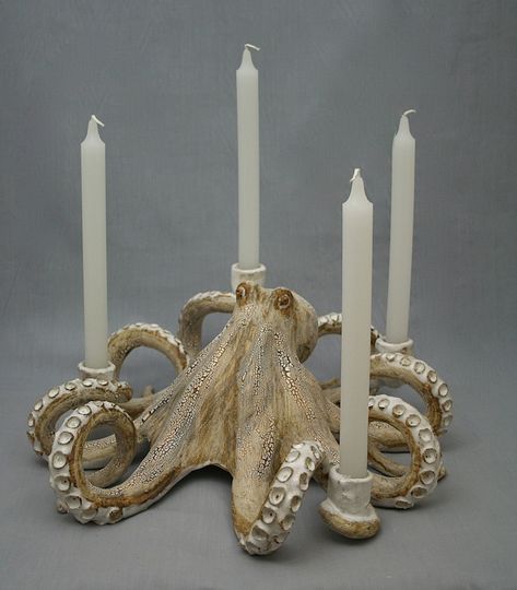 Nautical Ceramic Octopus Candelabra by Shayne Greco Beautiful Shabby Chic Mediterranean Sculpture Pottery - Etsy Spain Octopus Candle Holder, Ceramic Octopus, Instagram Coffee, Octopus Art, Stoneware Pottery, Ceramic Sculpture, Fine Art Ceramics, Candle Sconces, Ceramic Pottery