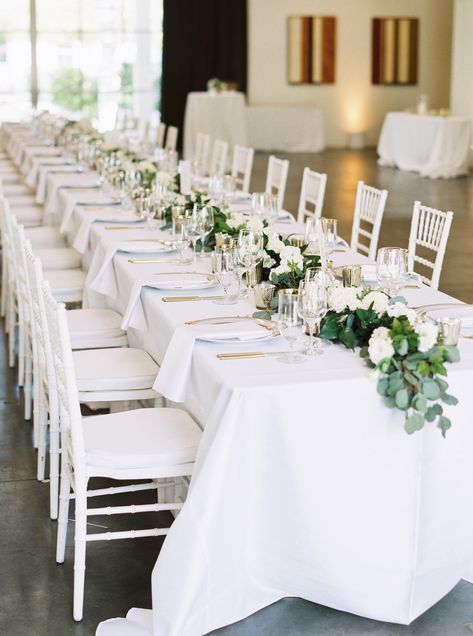 Long Table Garland Wedding, Basic Wedding Flowers, White Tablecloth Wedding, Wedding Table Greenery, White And Gold Reception, Tables With Greenery, Wedding Locations California, Gold Reception, Table Garland