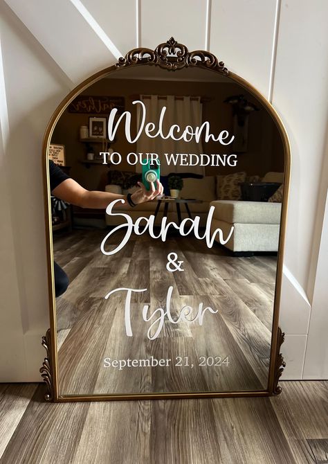 Welcome to our wedding custom vinyl. Customizable to any size. This mirror specifically is 30x20 Any font, any color, any size and any wording!! This doesn't specifically have to be for a wedding maybe you're looking for a welcome sign for a baby shower!? Mirror Welcome To Our Wedding, Wedding Signs For Ceremony Entrance, Welcome Sign Wedding Chalkboard, Black Wedding Mirror Sign, Dance Floor Signs For Wedding, Welcome Sign To Wedding, Welcome Sign Wedding Frame, Mirror Sign For Wedding, Mirror For Wedding Decor