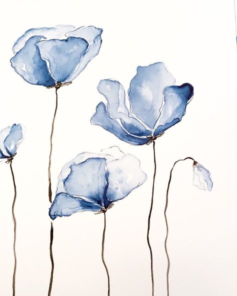 Blue And White Watercolor Painting, Blue Sketches, Watercolor Art Blue, Blue Poppy Flower, Blue Flower Watercolor, Botanical Art Drawing, Blue Watercolor Art, Blue Watercolor Flowers, Blue Green Art