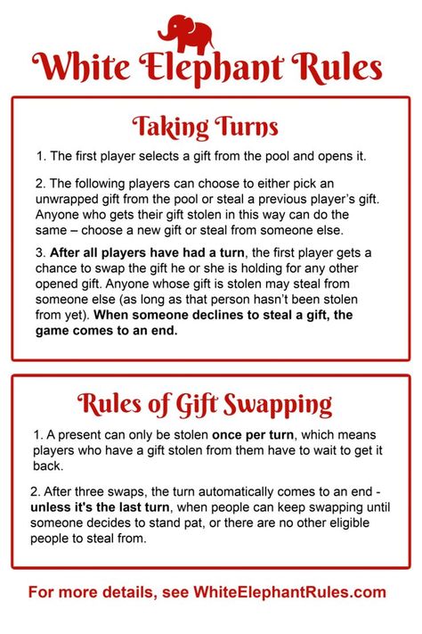 Free printable rules for your next White Elephant gift exchange. White Elephant Game Rules, Gift Exchange Rules, White Elephant Rules, Sudoku Printable, White Elephant Christmas, White Elephant Gift Ideas, Free Christmas Tags Printable, Elephant Gift Ideas, White Elephant Gift Exchange