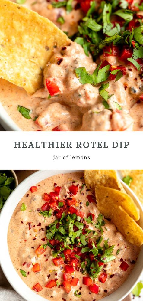 Two images of rote dip. Healthy Queso Dip, Healthy Queso, Queso Appetizers, Easy Protein Snacks, Healthy Buffalo Chicken Dip, Queso Dip Recipe, Healthy Dip Recipes, Rotel Recipes, Cheese Melt