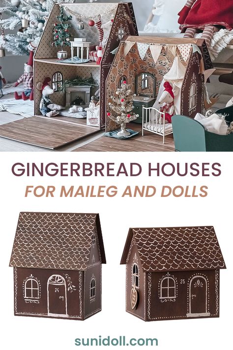 Maileg gingerbread houses - cardboard dollhouses that fold up for storing away. Maileg Gingerbread House, Gingerbread Dollhouse Diy, Gingerbread Dollhouse, Mouse House Diy, Maileg Mouse House, Diy Cardboard Dollhouse, Christmas Dollhouse Diy, Maileg Dollhouse, Dollhouse Ideas