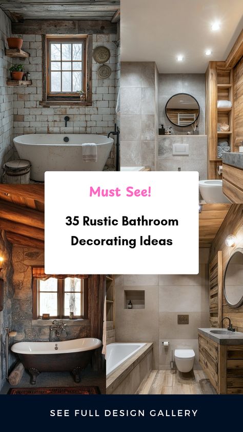 Discover 35 inspiring rustic bathroom decorating ideas that will help you create a serene and stylish retreat. Infuse your washroom with charm using natural materials like reclaimed wood, stone accents, and vintage fixtures. These ideas illustrate how vintage elements and cozy details elevate your space into a rustic haven. Whether you're looking for full remodels or quick updates, our collection of ideas covers all styles and budgets. Bring the warmth of rustic design into your bathroom and create a relaxing environment that you'll love. Cozy Farmhouse Bathroom Ideas, Rustic Bathroom Paint Ideas, Rustic Master Bath Ideas, Rustic Bathroom Designs Farmhouse Style, Rustic Glam Bathroom, Lodge Bathroom Decor, Rustic Style Bathroom, Rustic Bathroom Light Fixtures, Retro Bathroom Ideas