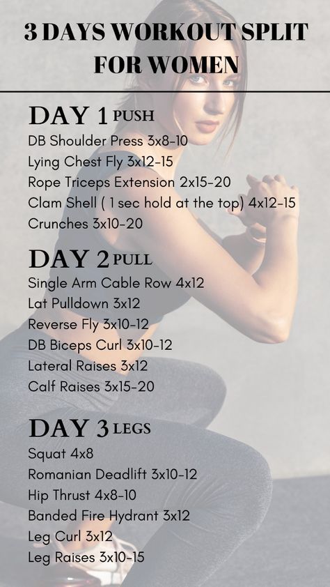 Push Pull Legs Split, Women Workout Plan Gym, Workout Split For Women, 3 Day Workout Split, Women Workout Plan, Gym Training Program, Push Pull Legs Workout, Weekly Gym Workouts, Workout Planning