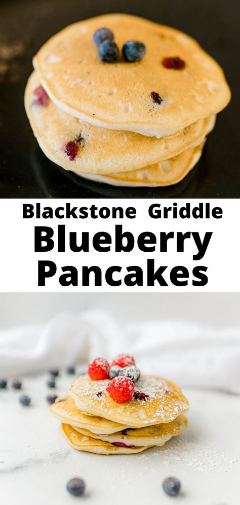 A stack of homemade blueberry pancakes with fresh blueberries and raspberries on the top. Blackstone Pancakes, Bisquick Blueberry Pancakes, Pancake Dispenser, Fluffy Blueberry Pancakes, Strawberry Blueberry Smoothie, Gluten Free Brunch Recipes, Make Ahead Brunch Recipes, Griddle Cooking Recipes, Fruit Pancakes