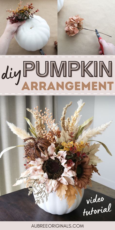 diy pumpkin flower arrangement tutorial Pumpkin Flower Centerpiece, No Carve Pumpkin Decorating Ideas, Fall Entry Table, Diy Thanksgiving Centerpieces, Thanksgiving Centerpieces Diy, No Carve Pumpkin, Fall Entry, Pumpkin Floral Arrangements, Diy Pumpkins Crafts