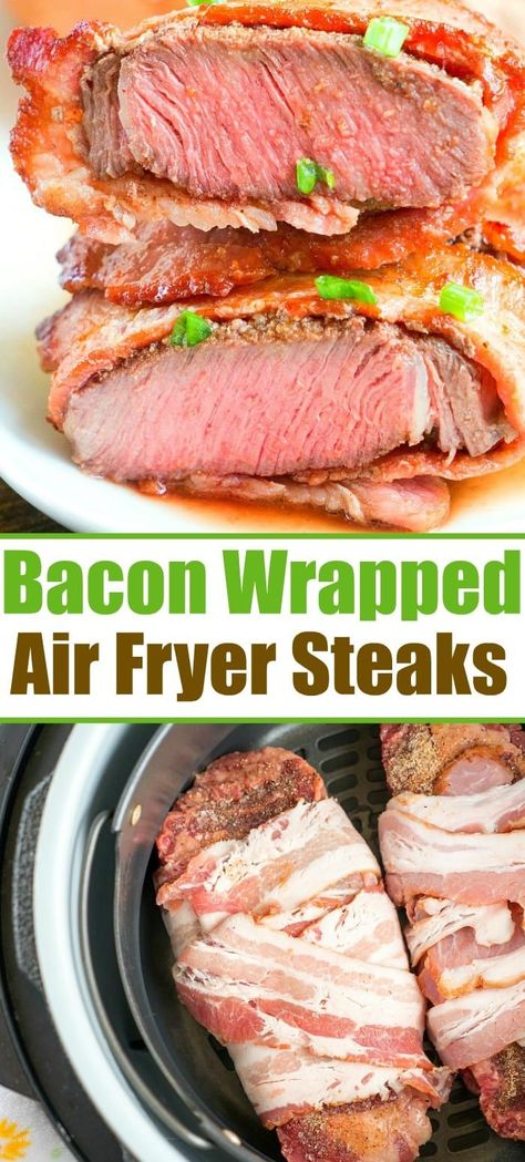 bacon wrapped air fryer steaks Air Fryer Steaks, Bacon Wrapped Steak, Air Fryer Recipes Potatoes, Air Fryer Steak, Air Fryer Pork Chops, Crock Pot Recipes, Air Fryer Recipes Chicken, Air Fryer Dinner Recipes, Air Fryer Recipes Easy