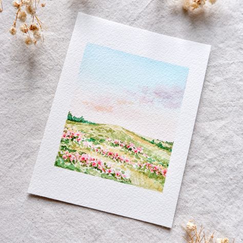 Watercolor Art Flower Field, Mini Watercolor Landscape Paintings, Wildflower Field Watercolor, Watercolour Field Of Flowers, Watercolor Landscape Flowers, Summer Paintings Watercolor, Flower Landscape Watercolor, Mini Canvas Watercolor Paintings, Cute Mini Watercolor Paintings