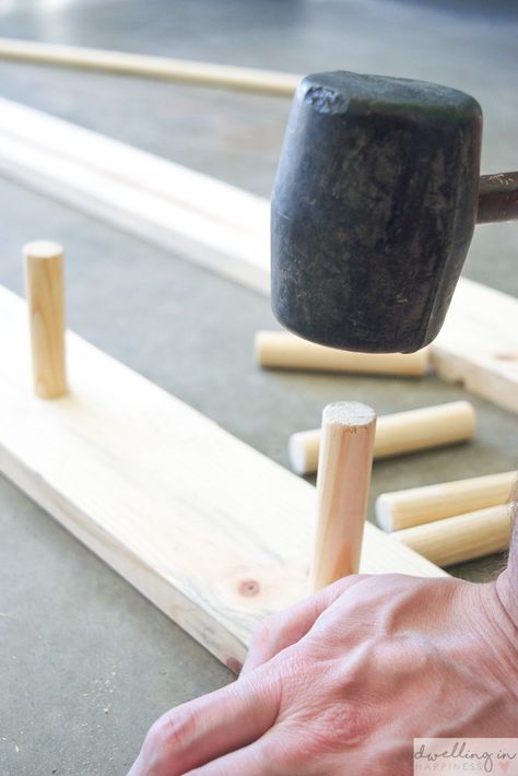 How to Make a Modern Peg Rail with a Shelf // Dwelling in Happiness Diy Outdoor Storage Bench, Wood Hamper, Laundry Basket Dresser, Modern Industrial Coffee Table, Crate Bench, Diy Laundry Basket, Diy Outdoor Storage, Outdoor Storage Bench, Diy Storage Bench