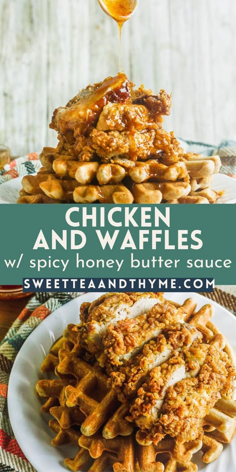 Southern Chicken And Waffles Recipe, Southern Fried Chicken And Waffles, Chicken And Waffles With Hot Honey, Chicken And Waffle Sauce Recipes, Buttermilk Chicken And Waffles, Homemade Chicken And Waffles Recipes, Chilis Chicken And Waffles Recipe, Fried Chicken With Honey Drizzle, Chicken And Waffles Recipe Sauce