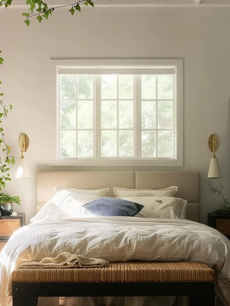 Window Behind Bed Ideas, Behind Bed Ideas, Window Above Bed, Window Behind Bed, Curtains Behind Bed, Woven Bench, White Linens, Side Bed, Bedroom Layout