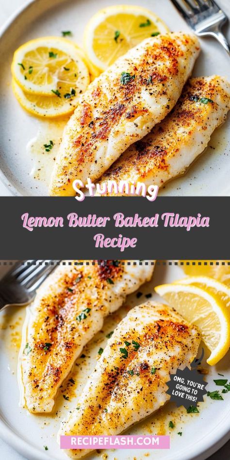 Looking for a quick and delicious seafood dinner idea? This Lemon Butter Baked Tilapia recipe is perfect for busy weeknights! Enjoy tender, flaky fish with a zesty twist that your family will love. Save this recipe for your next seafood feast and impress your guests with ease! Quick Fish Dinners, Tilapia In Foil Packets Ovens, Oven Baked Talipia, Talapia Ideas Easy Healthy, Talapia Ideas In Oven, Easy Baked Tilapia Recipes Ovens, Quick Easy Fish Recipes, Lemon Tilapia Recipes, Tilapia Filets Recipes