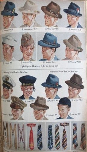 1940s teenager boys hats, ties and suspenders. Many teenage boys accessories and clothing imitated adult styles. snap brim hats, and military style hats were popular during and after the war. (Megan S) 40s Mode, 1940s Mens Fashion, 1940s Outfits, Fashion 1940s, Vintage Man, History Fashion, Vintage Mens Fashion, 40s Fashion, Retro Mode