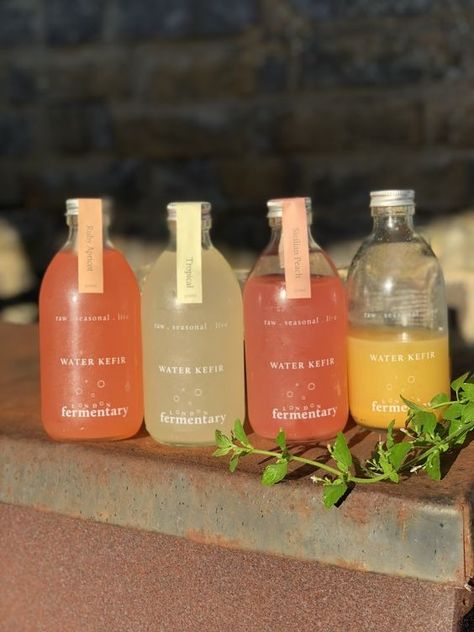 Herbal Drink Packaging, Kefir Water, Drink Business, Juice Bar Design, Water Kefir, Juice Branding, Fermentation Recipes, Juice Packaging, Bottle Design Packaging